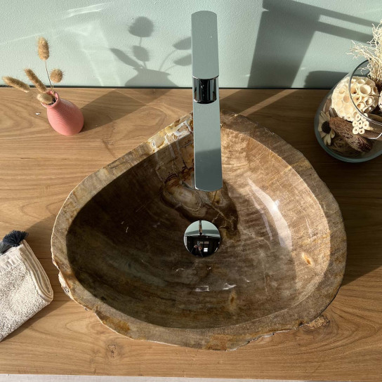 Vasque de salle de bain à poser en bois pétrifié fossilisé intérieur poli 40 cm