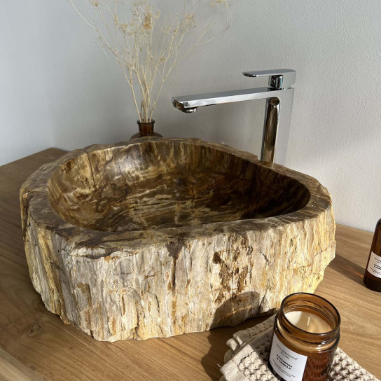 Vasque de salle de bain en bois pétrifié fossilisé beige/marron intérieur noir 50 cm
