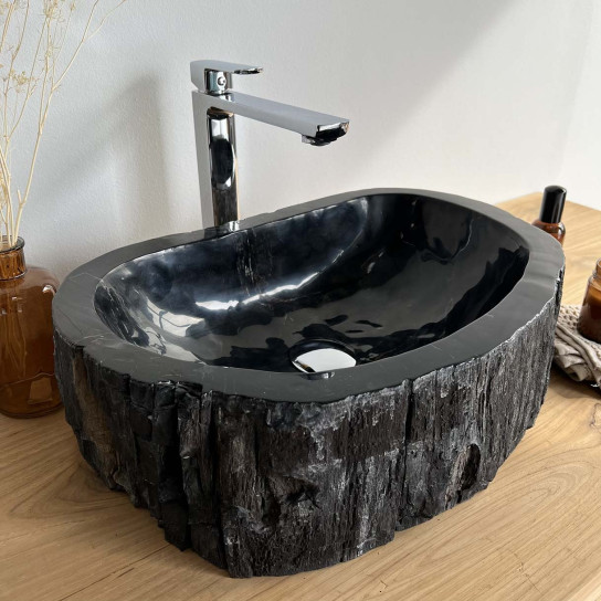 Vasque de salle de bain en bois pétrifié fossilisé couleur noir