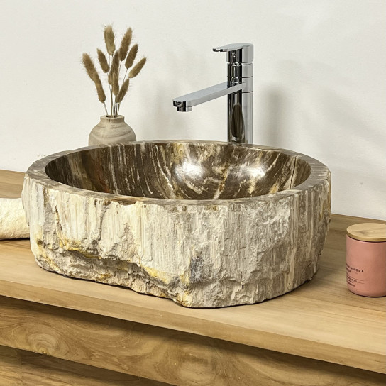 Vasque de salle de bain en bois pétrifié fossilisé marron 40 cm
