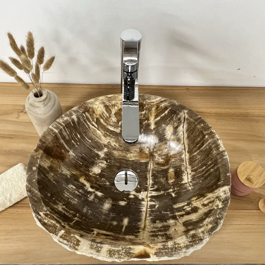 Vasque de salle de bain en bois pétrifié fossilisé marron 40 cm