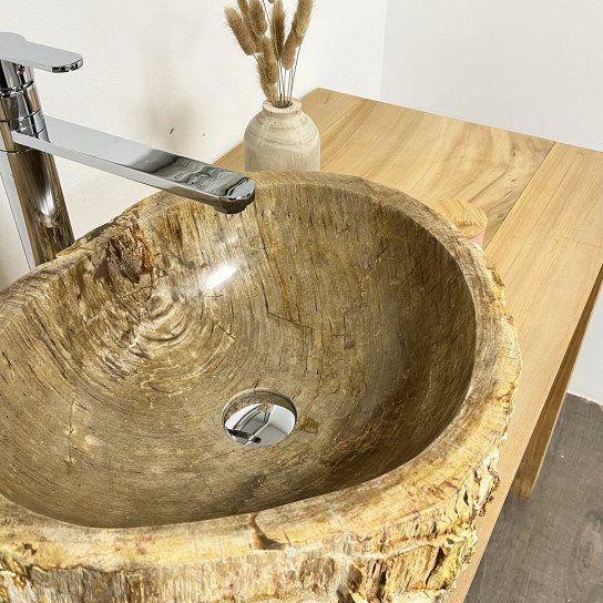 Vasque de salle de bain en bois pétrifié fossilisé marron beige 50 cm
