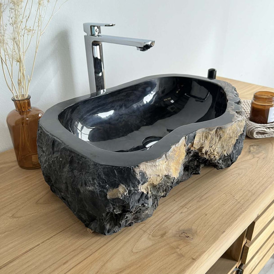 Vasque salle de bain en bois fossilisé pétrifié à poser noire