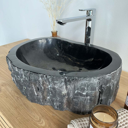 Vasque salle de bain en bois fossilisé pétrifié à poser noire