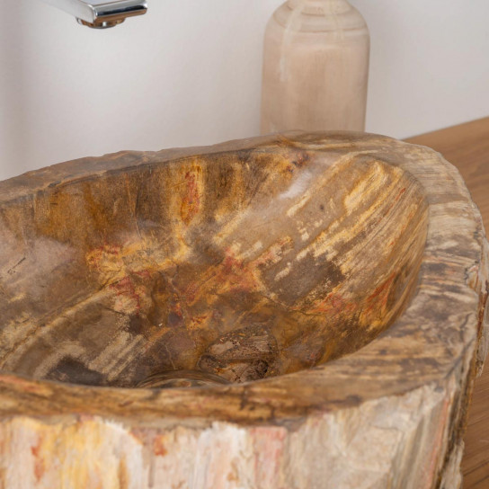 Vasque salle de bain en bois pétrifié fossilisé brun 45 cm