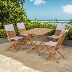 Salon de jardin en teck avec table rectangulaire et quatre chaises