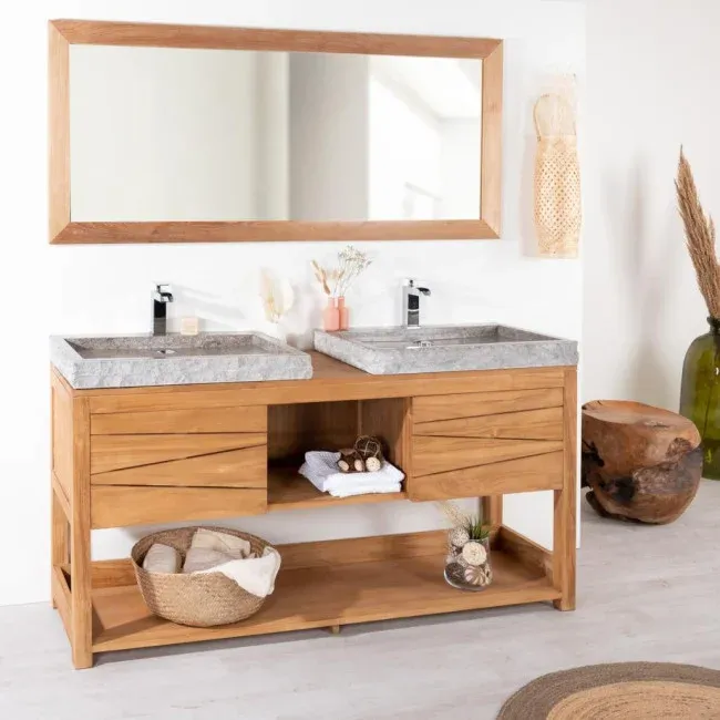 Meuble de salle de bain double vasque en teck avec vasques grises en pierre naturelle.