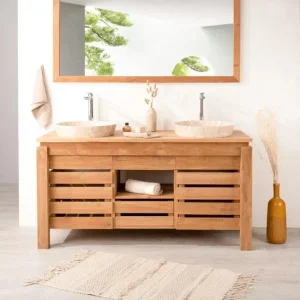 Meuble de salle de bain en teck avec deux vasques rondes en pierre claire.