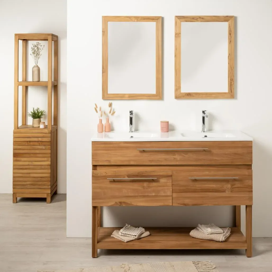 euble salle de bain en teck avec double vasque et miroirs assortis