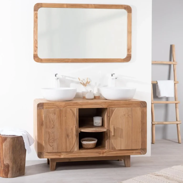Meuble salle de bain rétro en teck 120 cm avec double vasque blanche et rangements