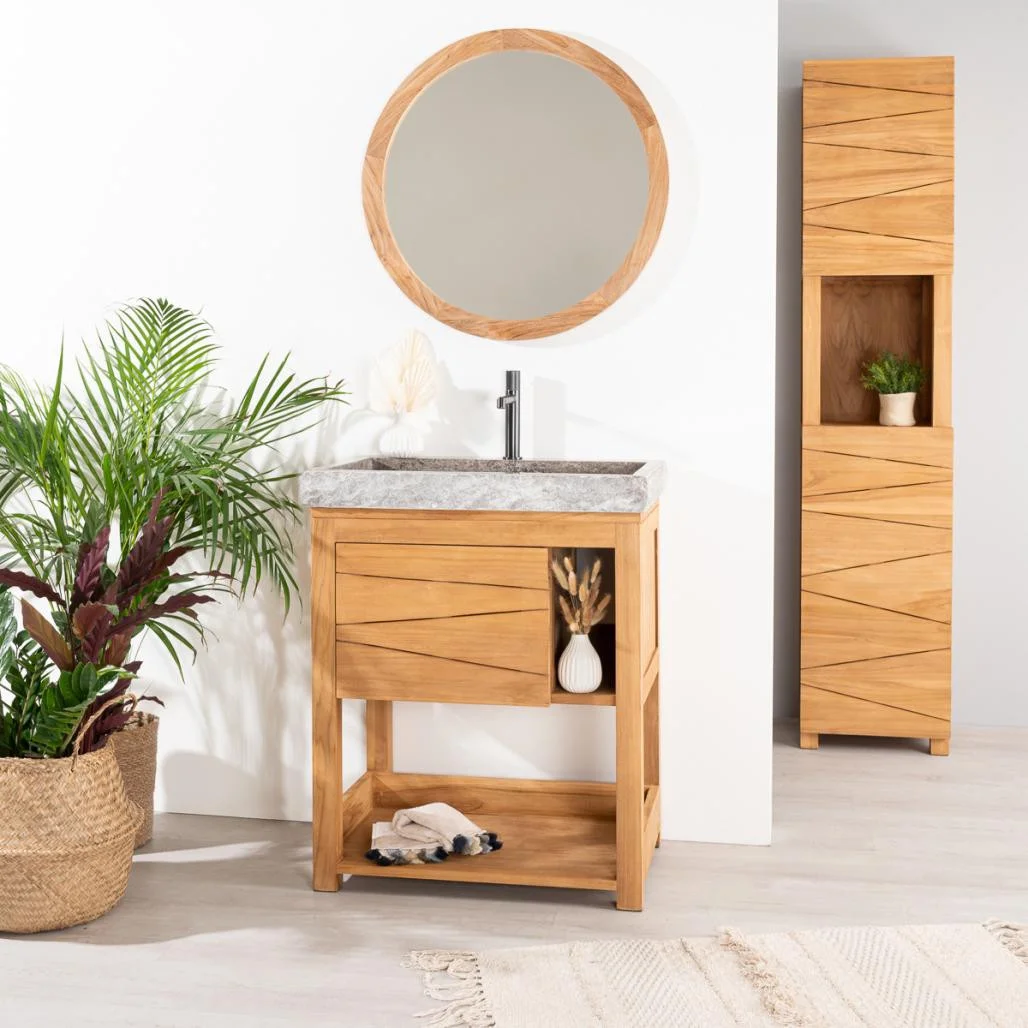 Meuble salle de bain en teck massif 67 cm avec vasque grise et miroir rond