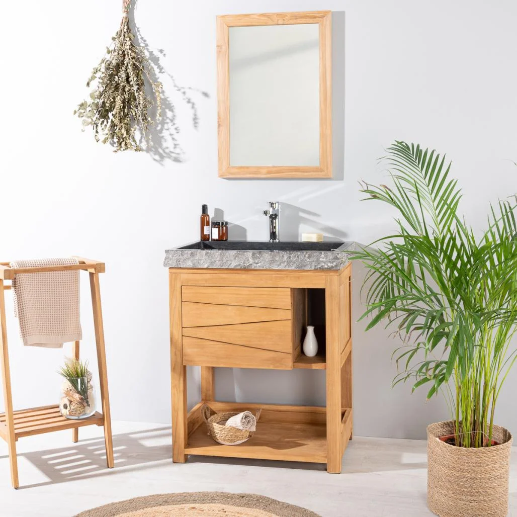 Meuble salle de bain en teck massif 67 cm avec vasque noire et rangements