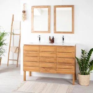 Meuble salle de bain en teck Ananta 120 cm avec double vasque en céramique et miroirs assortis