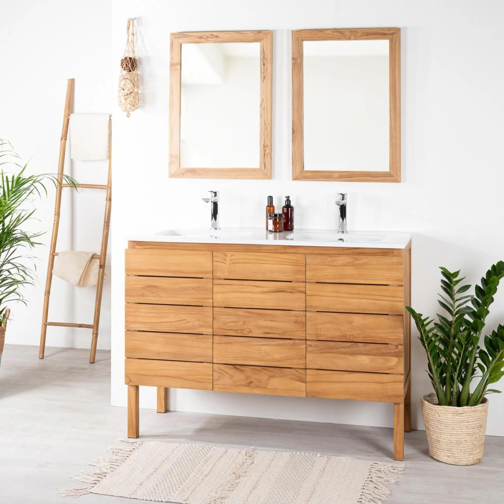 Meuble salle de bain en teck Ananta 120 cm avec double vasque en céramique et miroirs assortis