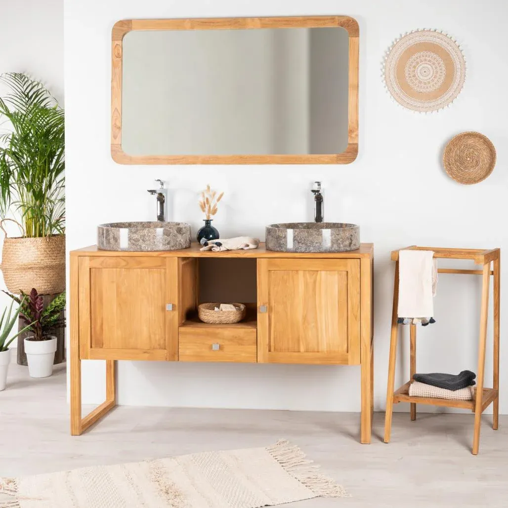 Meuble double vasque en teck massif avec vasques rondes en pierre et grand miroir mural