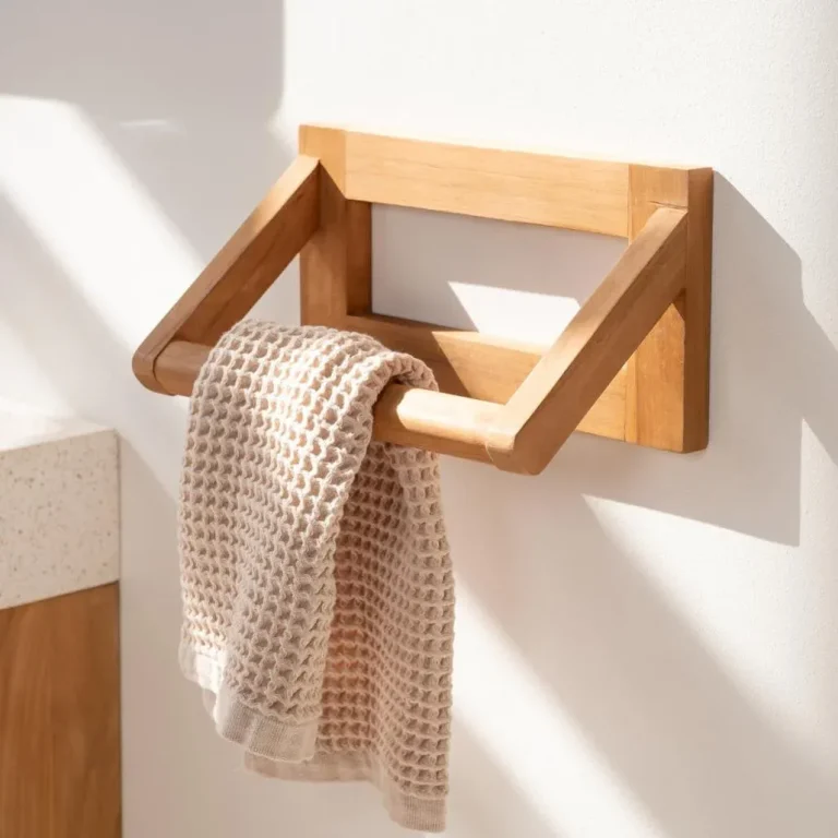 Porte-serviette mural en teck avec serviette beige dans une salle de bain lumineuse