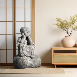 Statue moine Shaolin pensif en pierre finition gris 80 cm