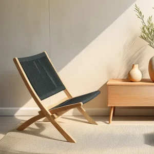 Fauteuil lounge en teck et corde noire dans un salon lumineux au style naturel