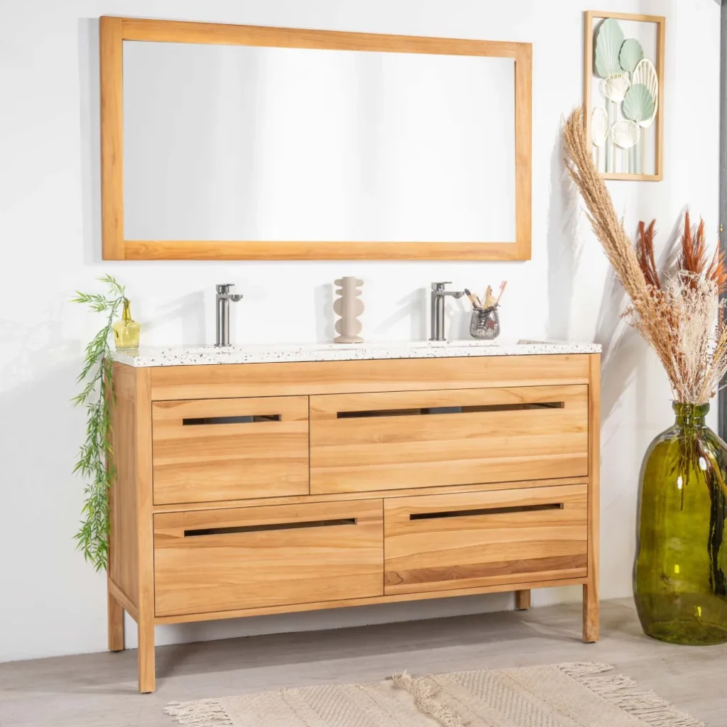 Meuble de salle de bain en bois avec plan vasque intégré en terrazzo crème et double robinet