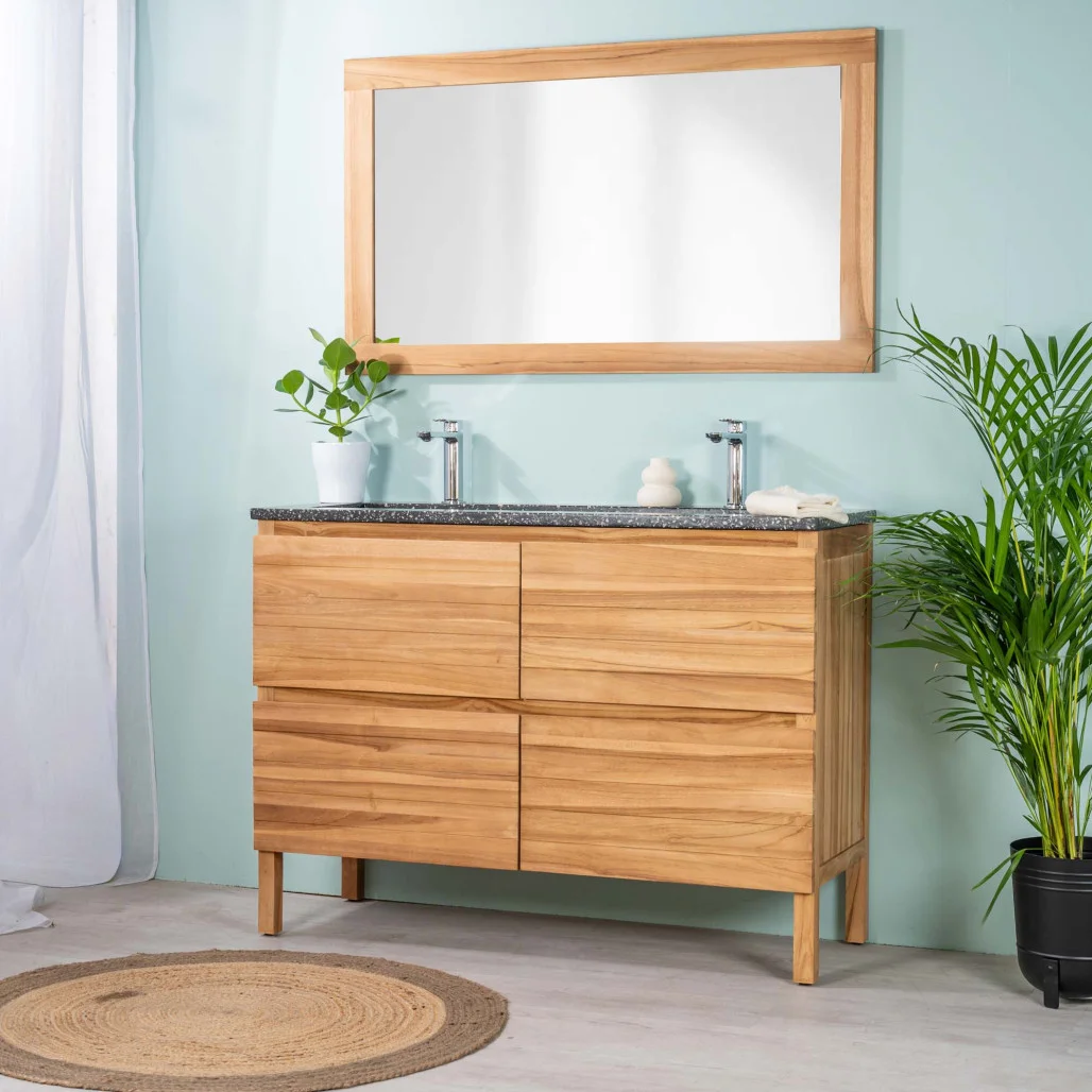 Meuble de salle de bain en bois avec plan vasque en terrazzo noir et double robinet, posé sur pieds