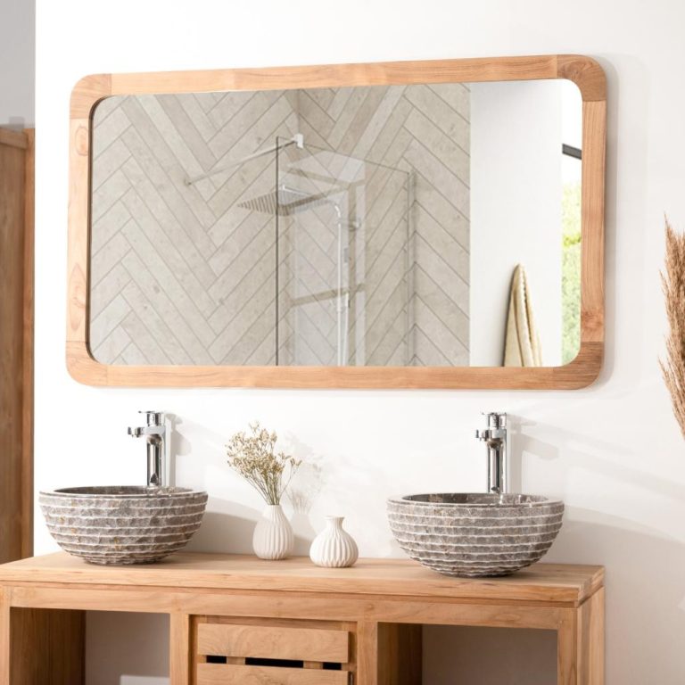 Grand miroir rétro en teck massif 120x70 cm avec tablette