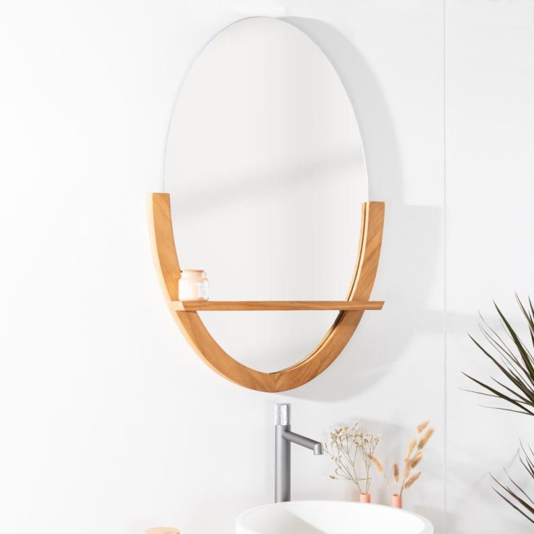 Miroir ovale Anita en teck massif pour salle de bain