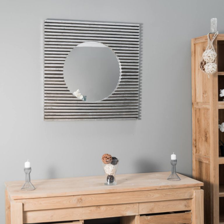Miroir carré art déco en bois patiné argent 80x80 cm