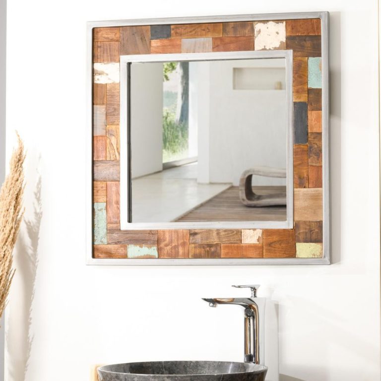 Miroir Factory salle de bain teck et métal noir 70x70 cm style industriel