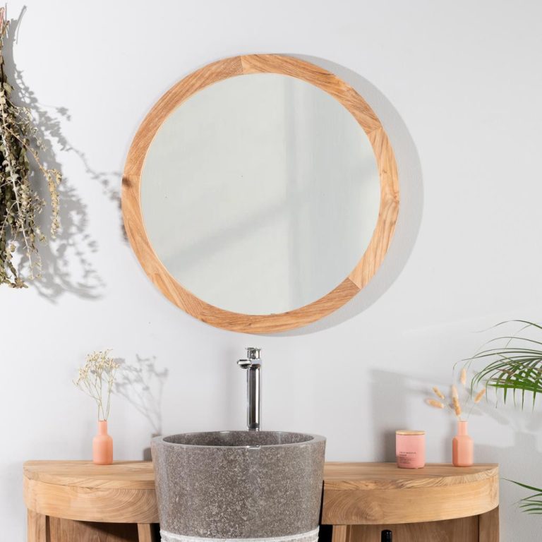 Miroir hublot rond en teck 68 cm pour salle de bain japandi