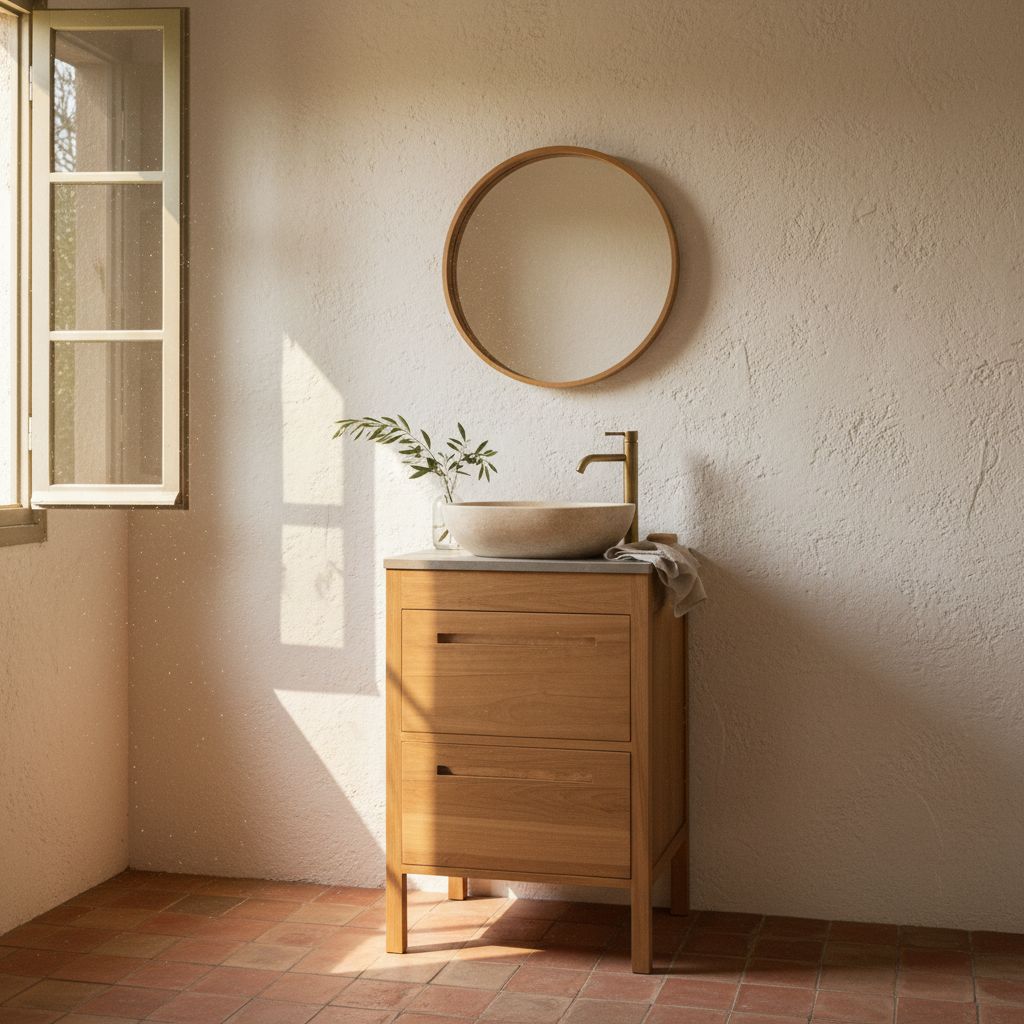 Salle de bain provençale avec meuble en teck et vasque en pierre claire