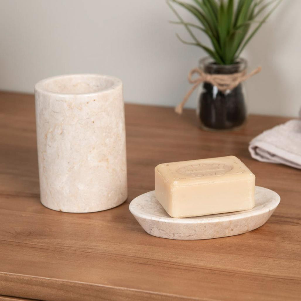 Ensemble gobelet et porte-savon en marbre crème assortis