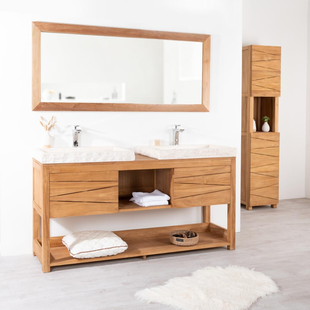 Meuble double vasque en teck massif Cosy de 160 cm avec deux vasques crème