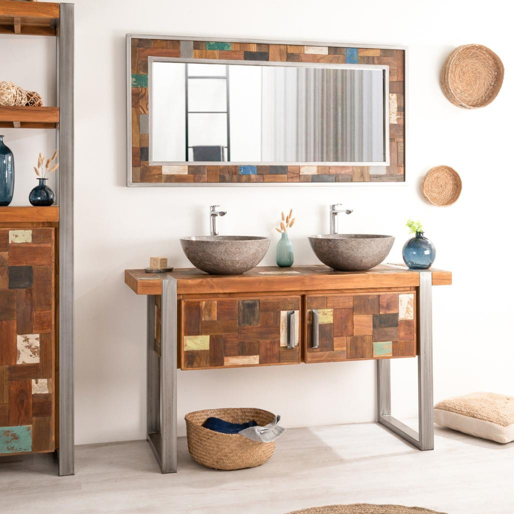 Meuble double vasque Factory en teck et métal de 140 cm, style industriel