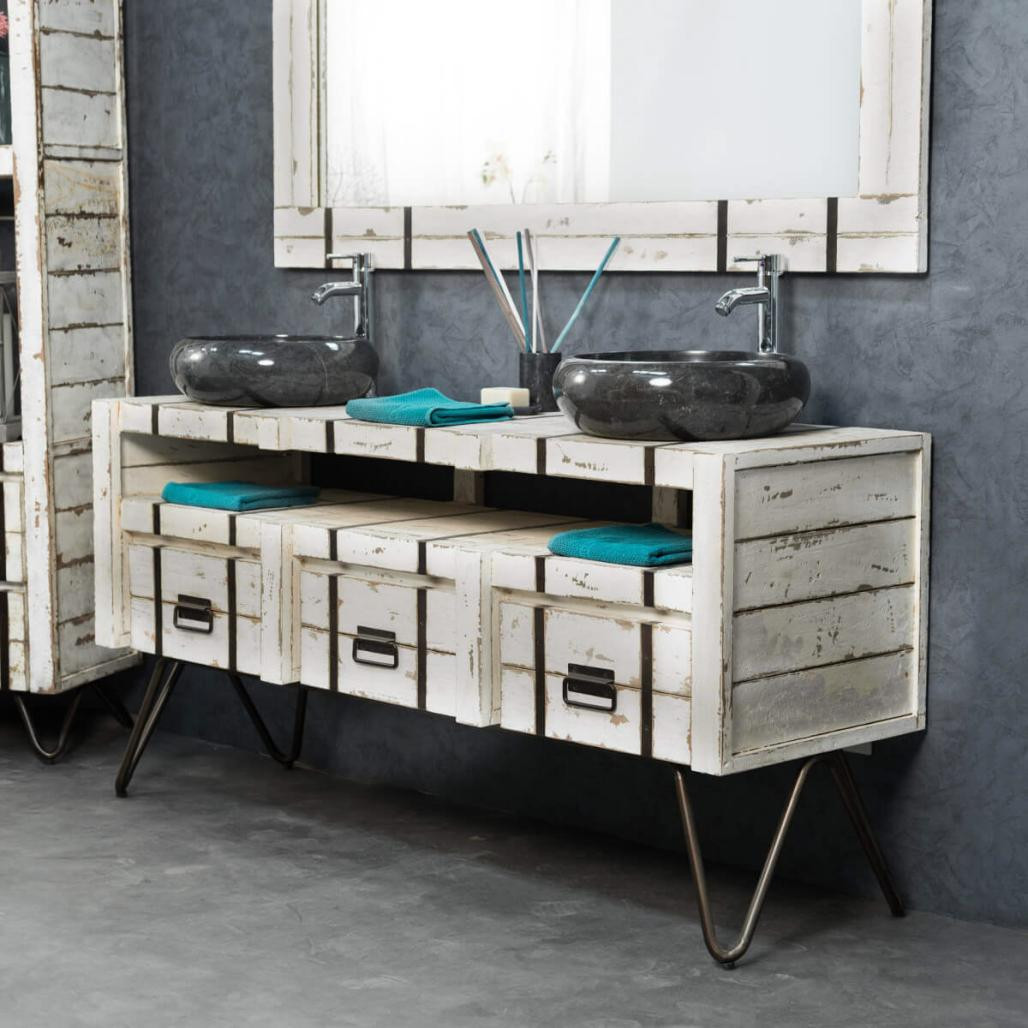 Meuble double vasque Loft en mindi et métal blanc de 160 cm
