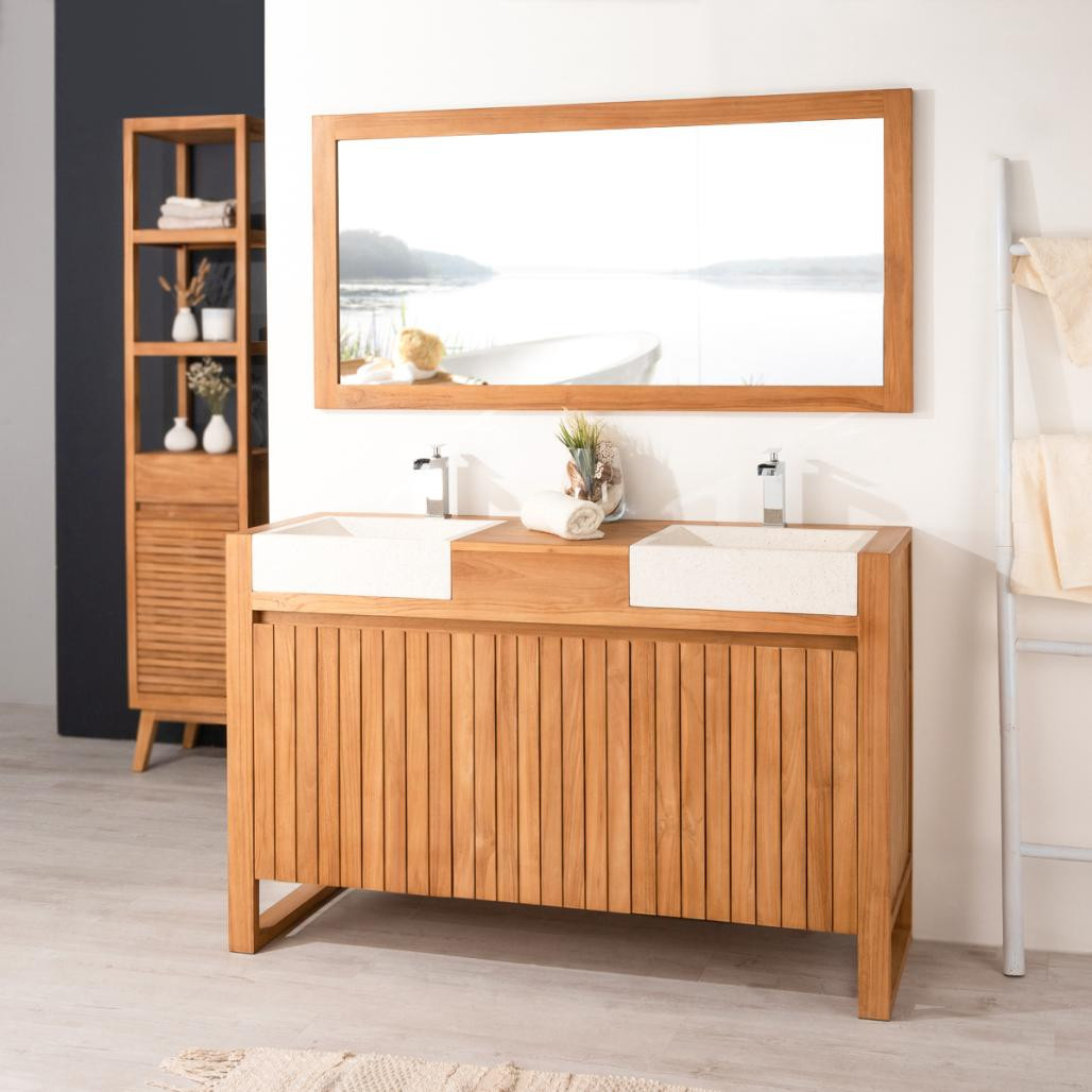 Meuble double vasque en teck Luxe de 140 cm avec vasques crème
