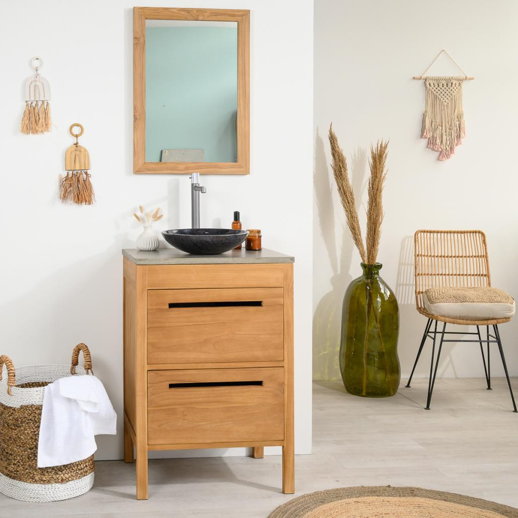 Meuble de salle de bain en teck clair et plateau béton, style japandi