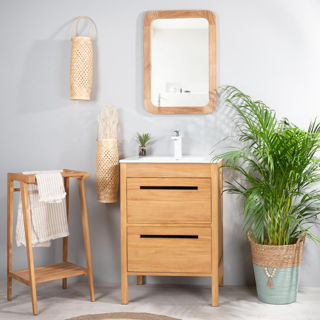 Meuble de salle de bain en teck avec plateau en céramique mate