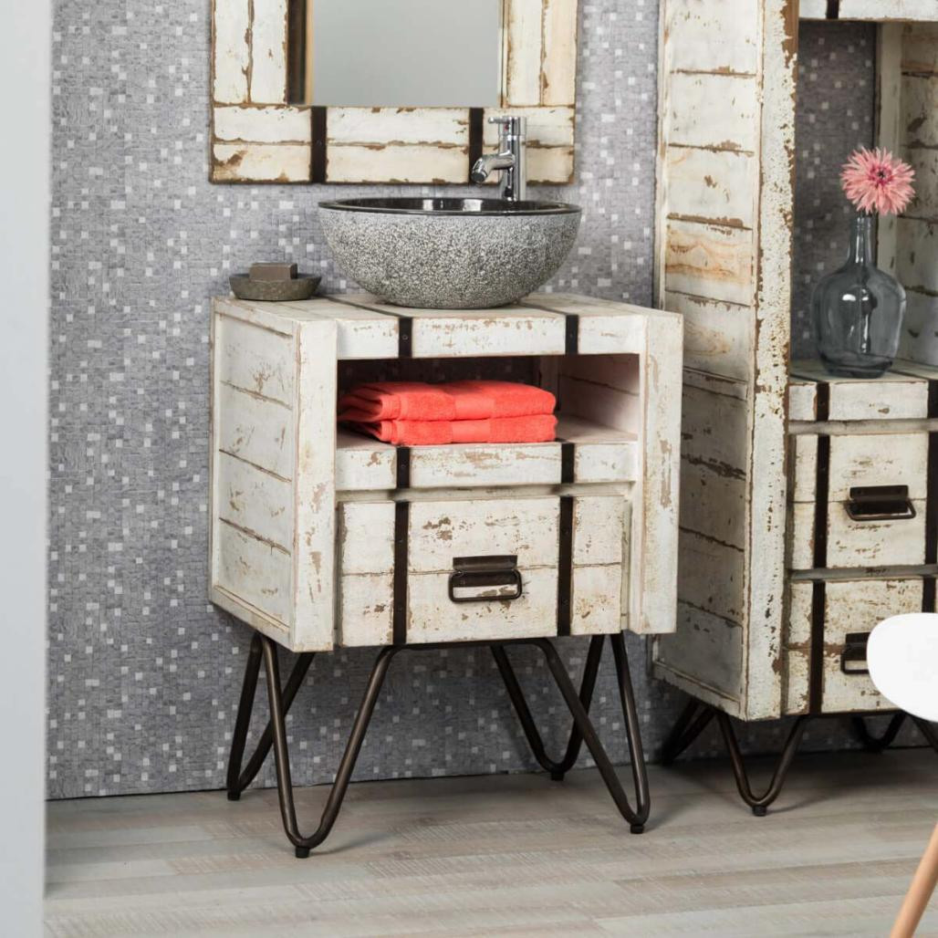 Meuble de salle de bain en mindi et métal blanc de 60 cm