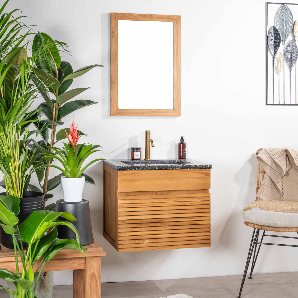 Meuble en teck avec plateau en terrazzo noir Aktual de 60 cm