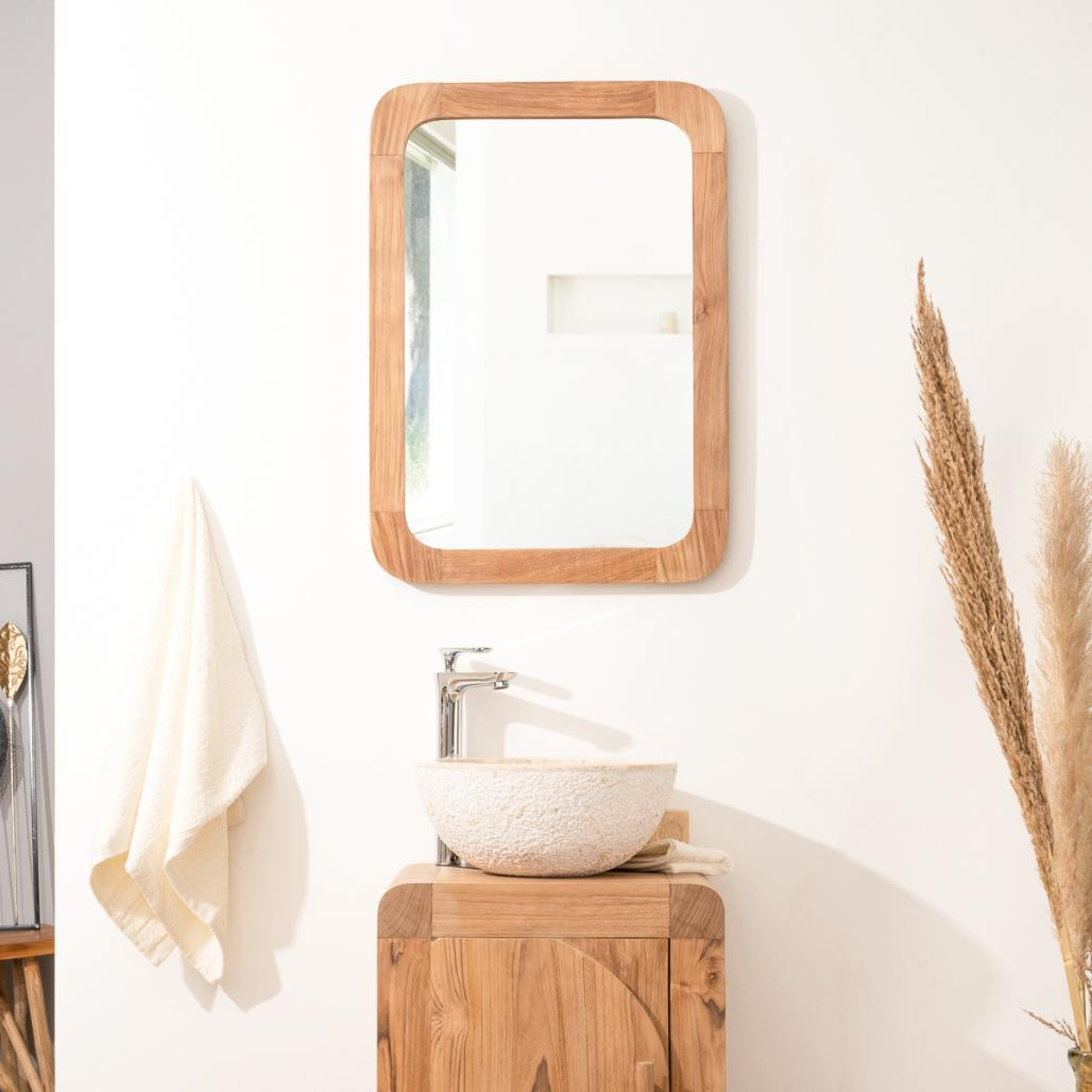 Miroir de salle de bain rétro à cadre en teck massif
