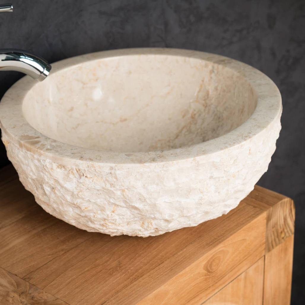 Vasque ronde à poser en marbre crème de 35 cm, esprit provençal