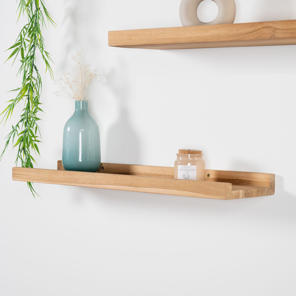 Tablette de salle de bain en teck massif Helvine 60 cm fixée au mur