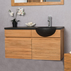 Contemporary teak wall-mounted bathroom vanity unit 100 with black sink