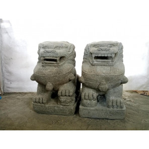 Deux statues jardin chien fu foo lion pierre volcanique 60 cm