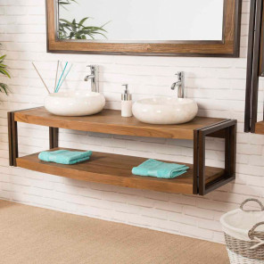 Elegance teak and metal double-sink wall-mounted vanity unit 145 cm