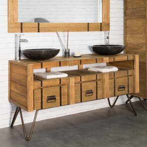 Loft natural mindi and steel double-sink vanity unit 160