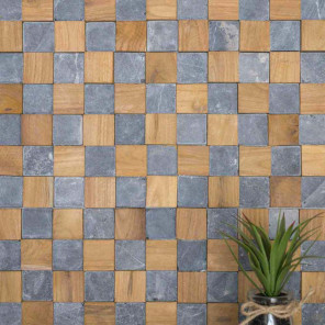 Square stone and teak wall cladding gray 55x20 cm
