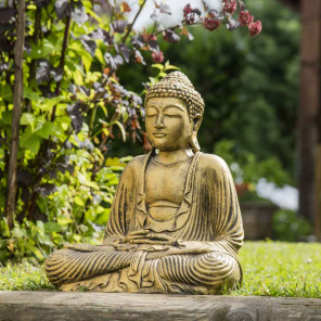 Statue bouddha assis position offrande doré 42 cm