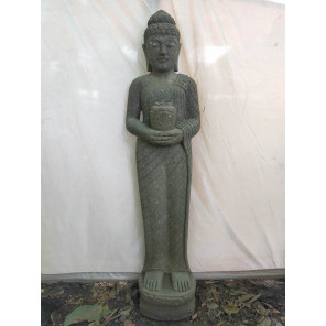 Statue de jardin en pierre volcanique bouddha debout offrande 1m50