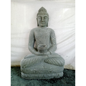 Statue jardin zen bouddha assis pierre volcanique bol à offrande 120 cm